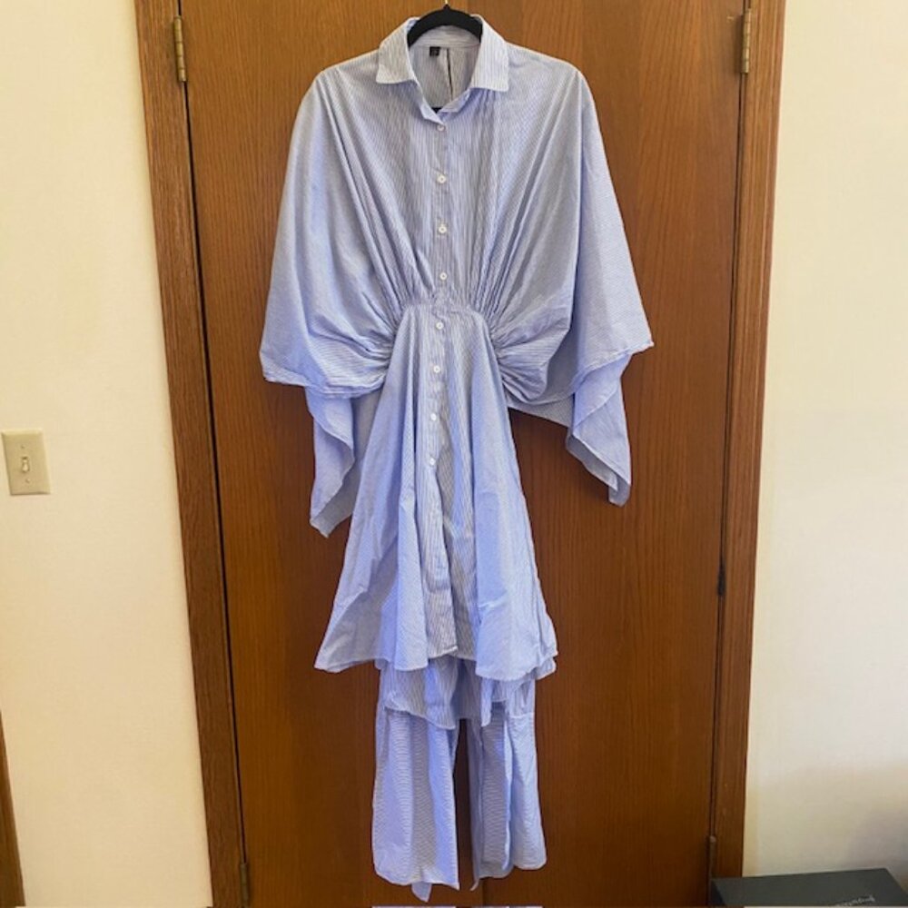 Beulah Style Blue Striped Button-Down Midi Shirt Dress One Size Preppy Nautical